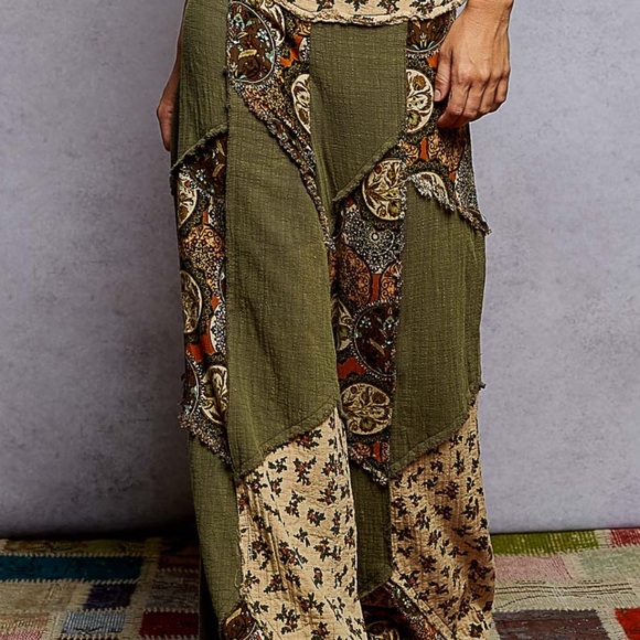 POL Olive Green Patchwork Wide Leg Pants - Picture 4 of 15